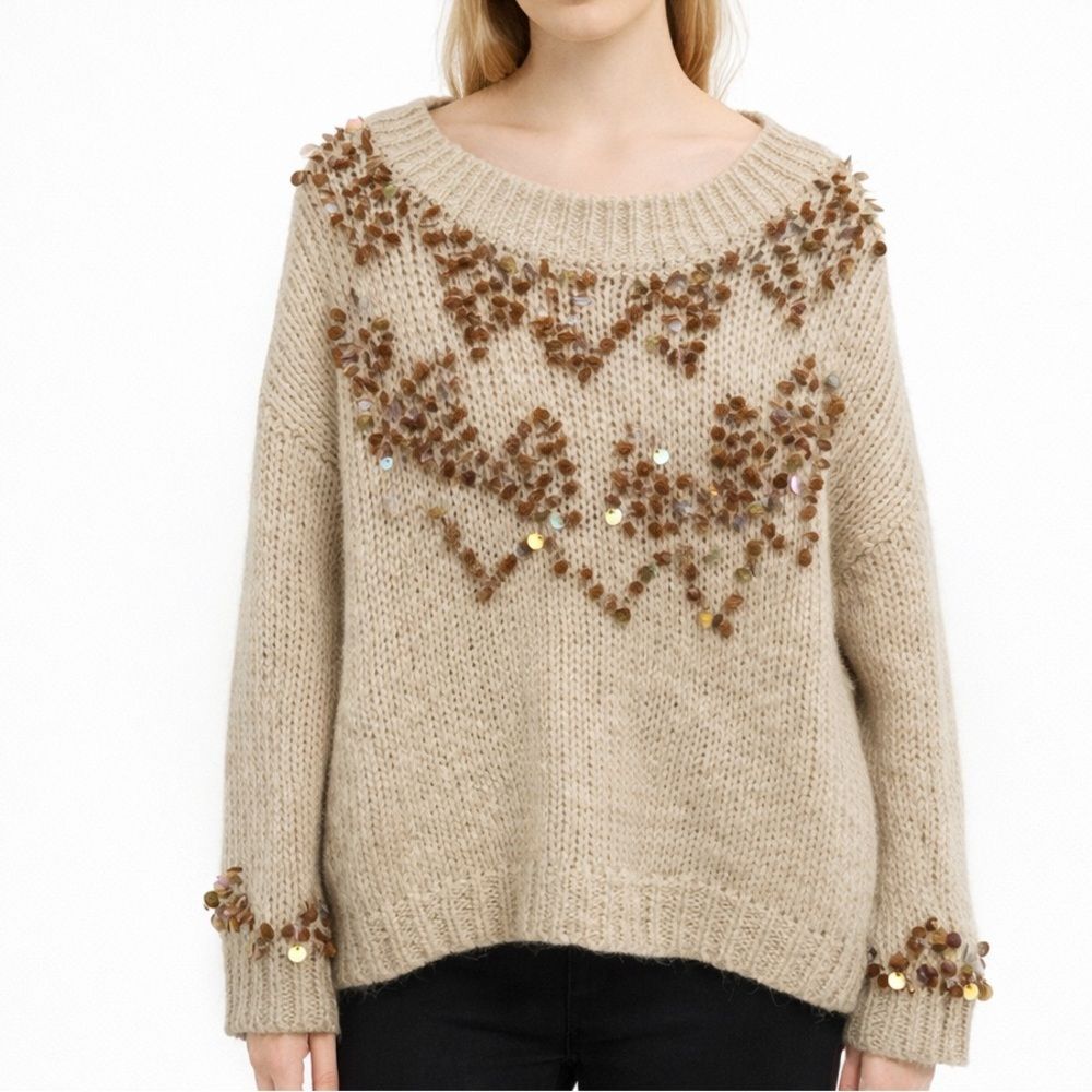 Zara Cream Brown Oversized Sequin Sweater Mohair Wool Size Medium